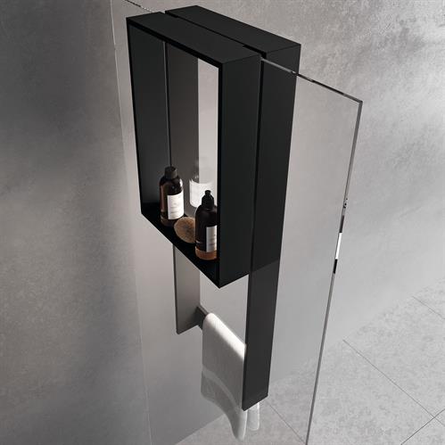 Internal shelf and external towel hook to attach to glass. Matte black