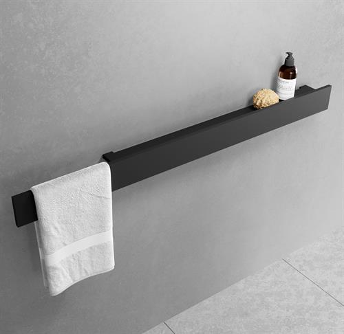 Shelf with stop and overhanging towel rail. 120 cm. Matte black