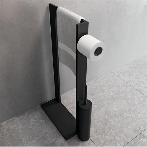 Floor-standing towel holder, toilet roll holder and brush holder. Matte black