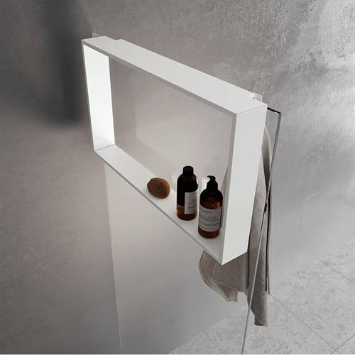 Internal shelf and external towel hook to attach to glass. MATT WHITE