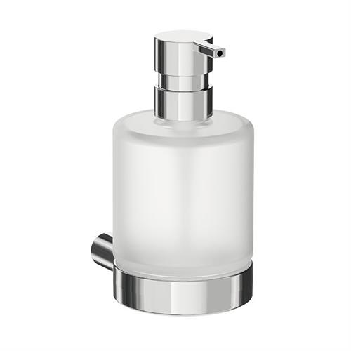 Wall-mounted soap dispenser with satined glass containerand in finish brass pump