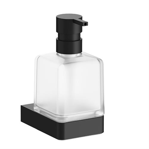 Wall-mounted soap dispenser with satined glass. Matt black