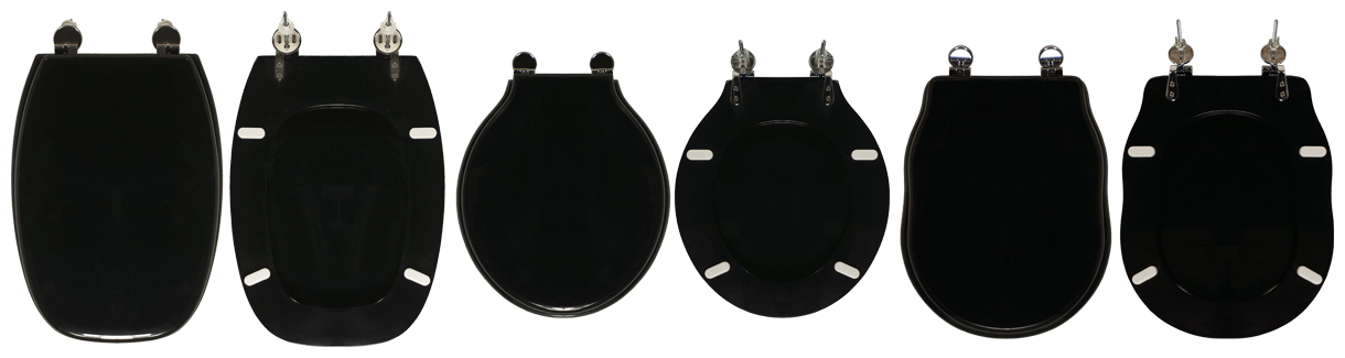 White sanitary ware combined with glossy black toilet seats